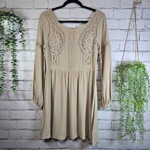 SOIEBLU HIPPIE BOHO DRESS KHAKI LONG BISHOP SLEEVE LACE FRONT SIZE MEDIUM